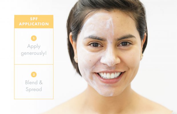 woman with sunscreen on half of her face