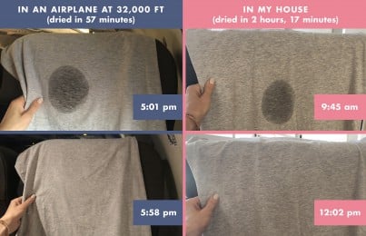 two shirts one drying in a plane and one at home