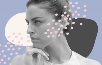 a woman looking away from the camera surrounded by graphics