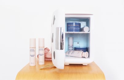 Mini fridge with Renée Rouleau skincare products