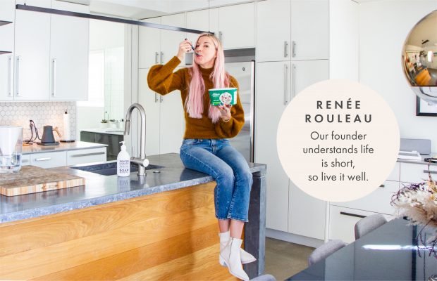 Renee Rouleau sitting in her kitchen eating ice cream