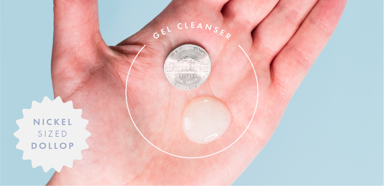 hand showing gel cleanser next to nickel