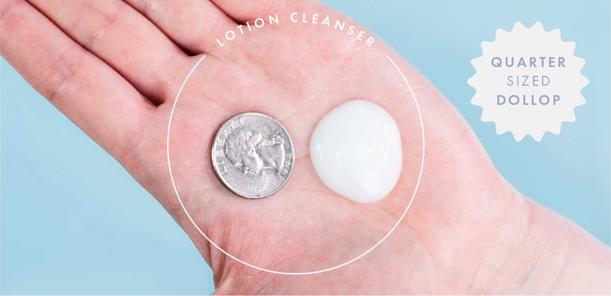 hand demonstrating lotion cleanser next to quarter