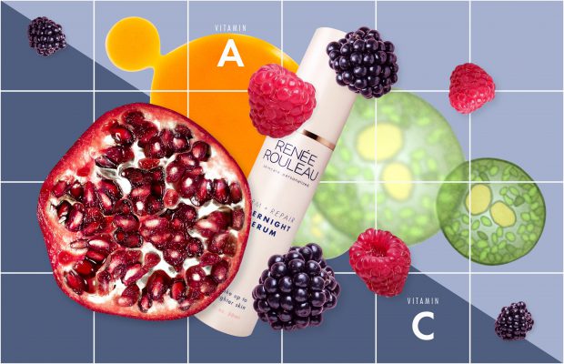 Renee Rouleau overnight serum surrounded by fruits