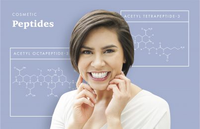 chemical structure of two peptides with a woman smiling in front