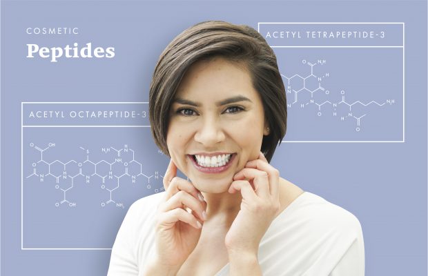chemical structure of two peptides with a woman smiling in front
