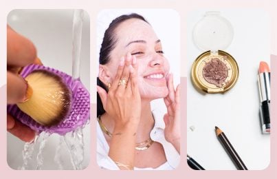 a makeup brush being washed, a woman washing her face and an image of broken old makeup