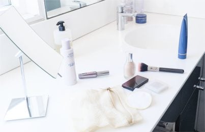 Renee Rouleau skin care products on the bathroom vanity