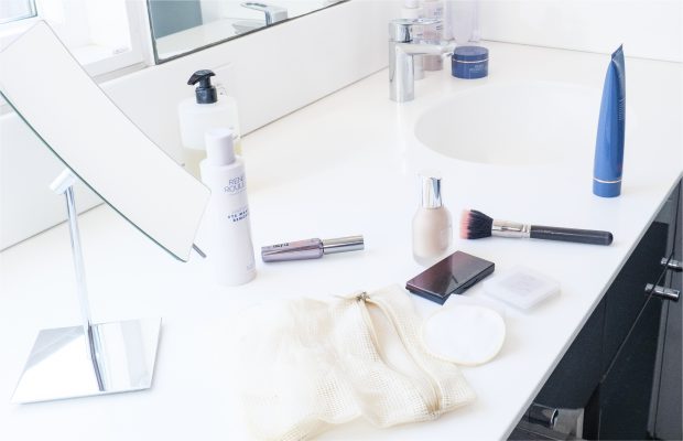 Renee Rouleau skin care products on the bathroom vanity